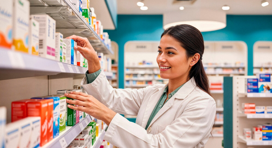 Pharmacist arranging medicine in pharmacy